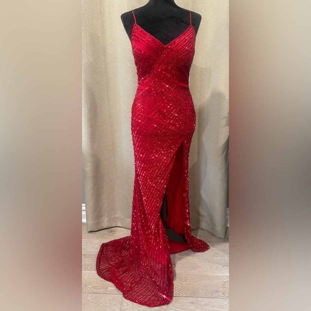 Rachel Allen Beaded/Sequins Red Prom Gown (6)